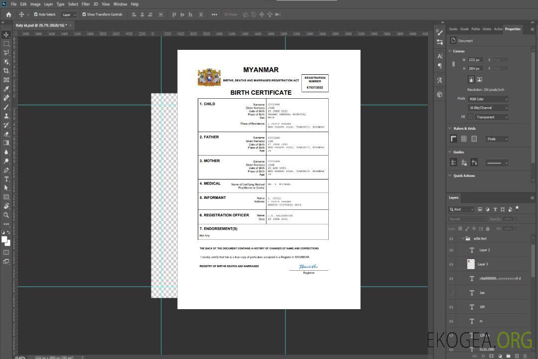 Modèle Word et PDF d'acte de naissance de l'état civil du Myanmar template Modèle Word et PDF d'acte de naissance de l'état civil du Myanmar template